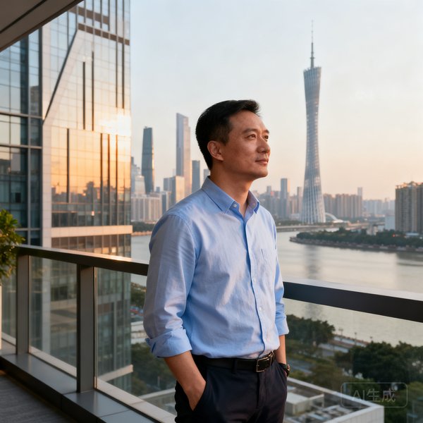 九游娱乐网COO陈启明，三十五岁左右男性，穿着休闲衬衫，站在公司露台俯瞰广州城市天际线。